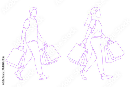 person walking while carrying shopping bags pose lineart illustration