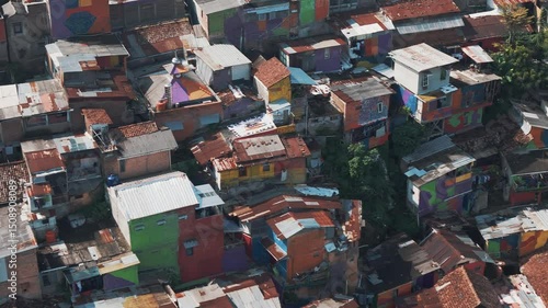 Aerial footage of Kampung Pelangi 200, Banding Indonesia. Rainbow viilage