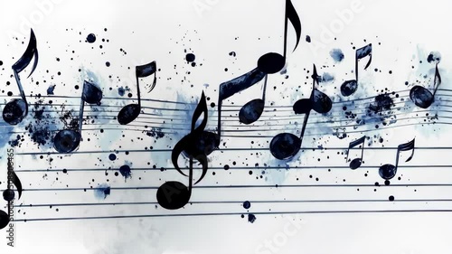 Watercolor music notes illustration with blue splashes and artistic musical design.