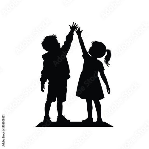 Silhouette of Two Children Giving High Five to Each Other