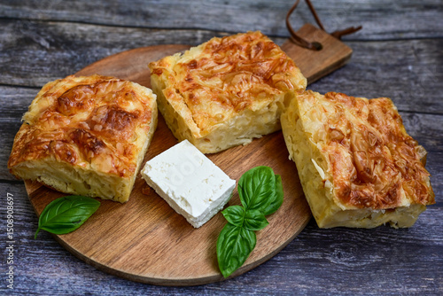 Bakery .Home made  cheese pie  with phyllo pastry, feta cheese  and organic eggs. Bulgarian banitsa