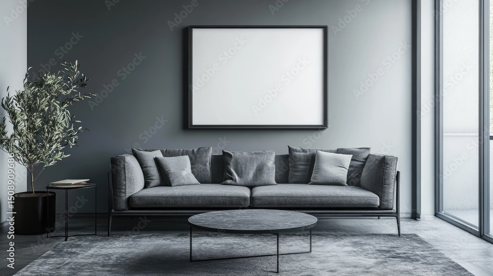 Fototapeta premium Stylish Living Room Decor with Mock-Up Poster Frame and Modern Furniture