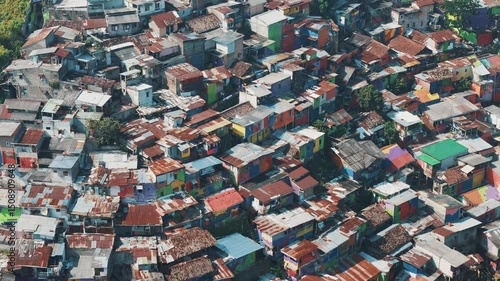 Aerial footage of Kampung Pelangi 200, Banding Indonesia. Rainbow viilage