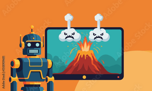 A robot observes a digital display of an erupting volcano with angry smoke clouds, symbolizing system overload or critical events.