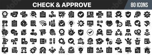 Check and approve black icons collection. Big UI icon set in a flat design. Vector illustration EPS10