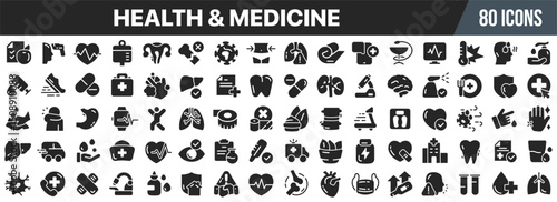 Health and medicine black icons collection. Big UI icon set in a flat design. Vector illustration EPS10