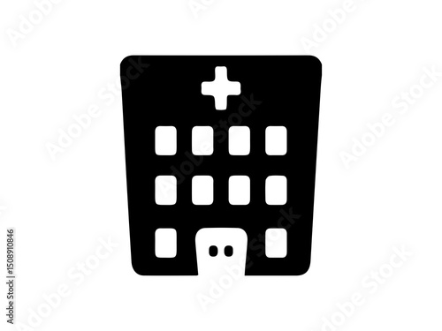 This image is a black silhouette icon of a building, clearly identifiable as a hospital or medical facility