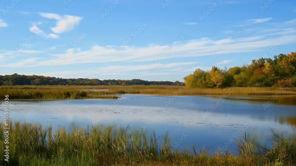 Scenic Lake Reflecting Blue Sky and Autumnal Trees with Yellow and Green Foliage and Reed Grass in the Foreground under Daylight Scenic Lake Reflecting Blue Sky and Autumnal Trees with Yellow and Green Foliage and Reed Grass in the Foreground under Daylight