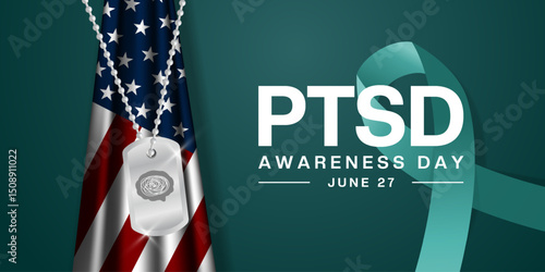 June 27 is National Ptsd Awareness Day. American flag, military tag, brain and ribbon. Great for posters, banners and social media. Green background.
