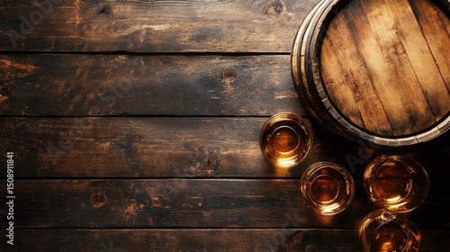 Whiskey glasses and wooden barrel on table, top-down view. Text space
