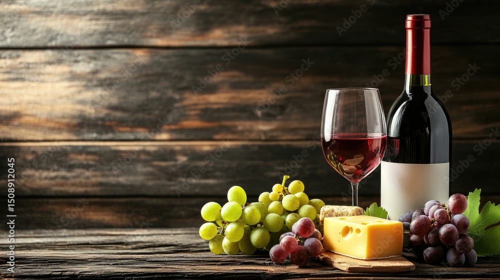 Obraz premium Wine bottle with cork, cheese, and grapes on wood background.