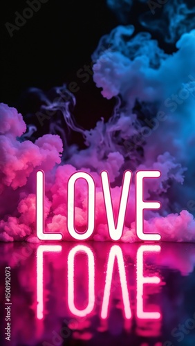 Neon text LOVE glowing amidst a dramatic cloud of smoke on a reflective surface