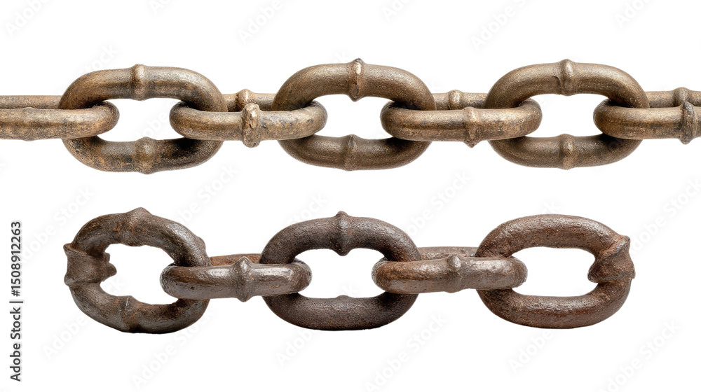 Antique Chains: A macro perspective unveils the raw, timeless beauty of aged chains, their metallic links showcasing the subtle nuances of oxidation and wear, perfect for representing strength. Antique Chains: A macro perspective unveils the raw, timeless beauty of aged chains, their metallic links showcasing the subtle nuances of oxidation and wear, perfect for representing strength.
