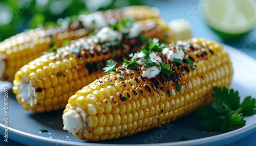 Delicious Grilled Corn on the Cob with Creamy Topping and Fresh Herbs