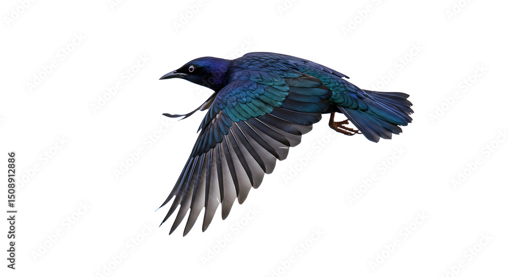 Obraz premium Iridescent Starling in Flight Detailed Plumage and Dynamic Wing Position