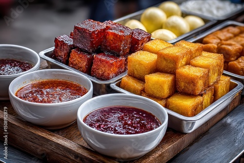 Fried tofu cubes drizzled with sweet spicy sauce are served in a small town plaza, vibrant with afternoon sunlight