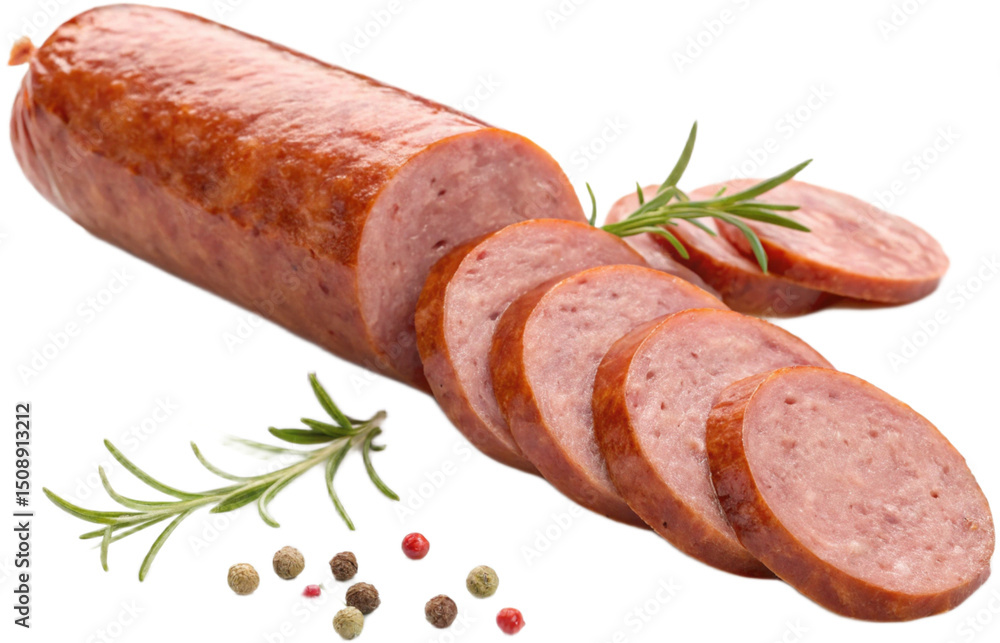 Delicious Smoked Sausage Slices with Fresh Rosemary and Peppercorns Delicious Smoked Sausage Slices with Fresh Rosemary and Peppercorns