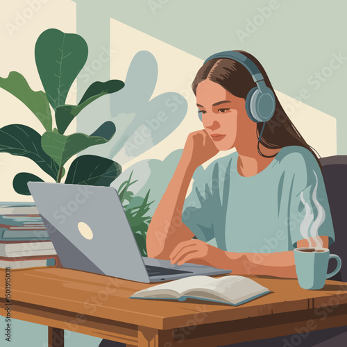 Flat Vector of Young Woman Studying Online at Home – Minimal E-Learning Illustration