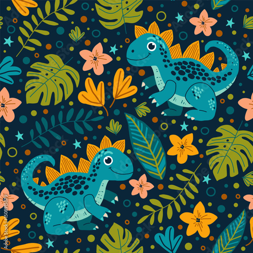 Seamless vector pattern with cute dinosaurs, tropical leaves, and colorful flowers. Fun and playful design for kids' products, fabric, wallpaper, or nursery decor.