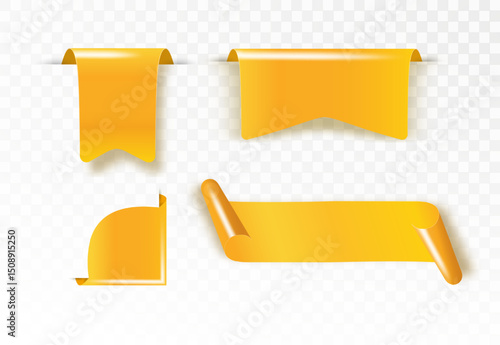 Golden satin ribbon tag. Gold textile label for sale promotion text. Discount and special offer badge. Vector