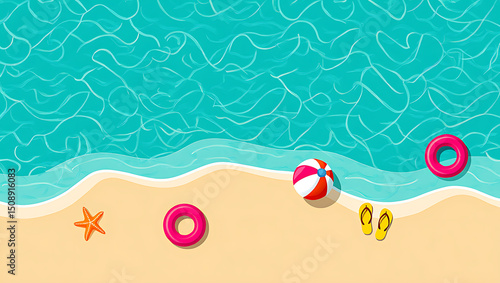 Summer Beach Scene Top View of Ocean Waves, Sand, Beach Toys, and Flip-Flops