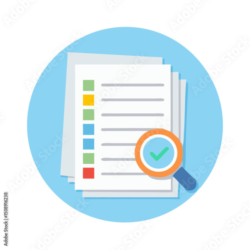 Flat Design Checklist Icon with Magnifying Glass and Check Mark

