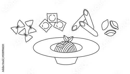 Set of outline pasta, spaghetti, shells, butterflies. Doodle drawing for banner, flyer, card, menu design. Isolated vector illustration