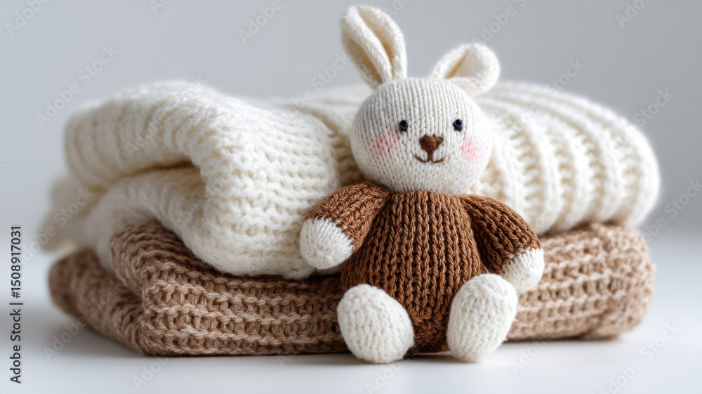 Fototapeta premium A cute knitted rabbit toy sitting on top of two folded sweaters. The scene evokes warmth and comfort.