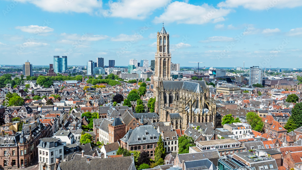Aerial from the city Utrecht with the Dom tower in the Netherlands