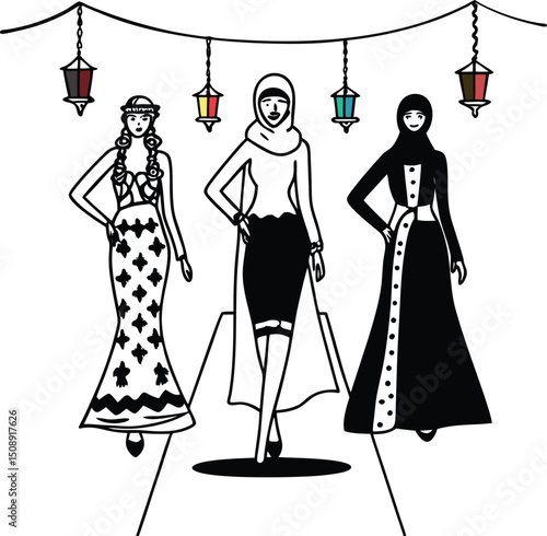 Three women in stylish modest fashion posing on a runway with decorative lanterns in a line art illustration