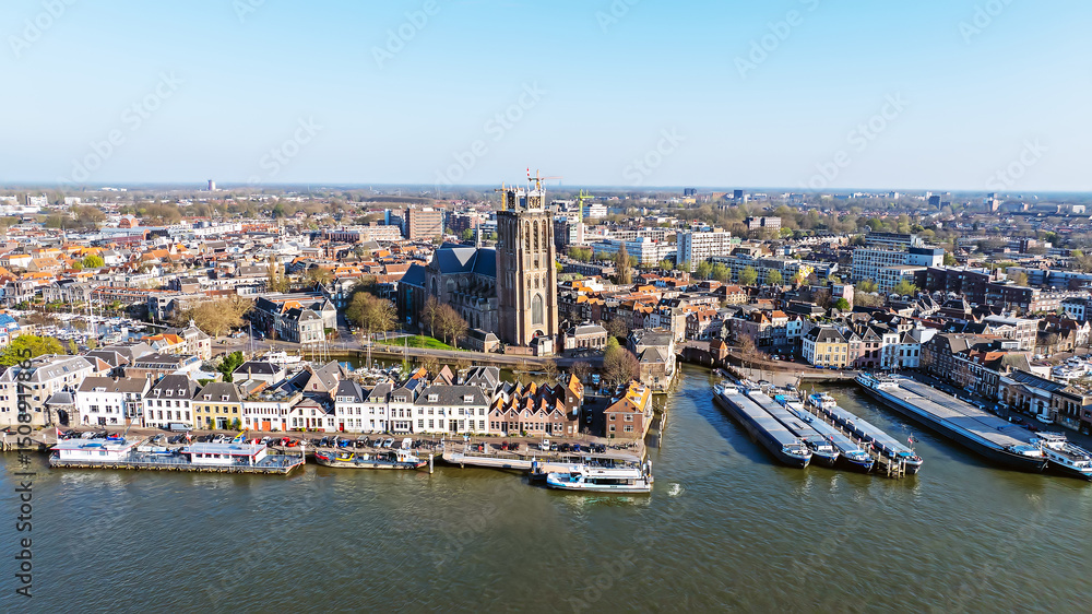 Aerial from the city Dordrecht with the Great church in the Netherlands