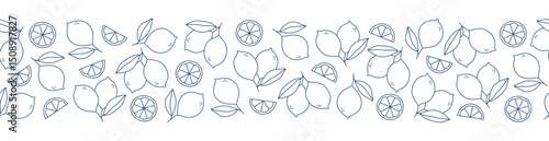 Lemon seamless border. Blue outline whole lemons, slices, and leaves on white background. Vector illustration
