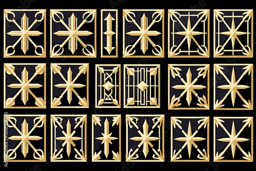 Elegant Gold Star Design Elements on Black - Set of Decorative Geometric Shapes - Art Deco Style Ornaments and Patterns for Graphic Design Projects