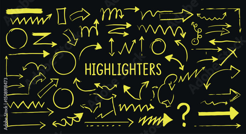 Creative yellow highlighter doodles and arrows on dark background for design inspiration. Vector illustration