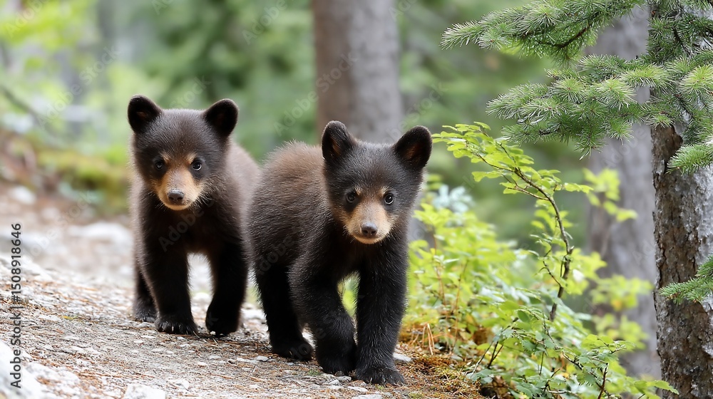 Obraz premium Adorable black bear cubs exploring wild forest