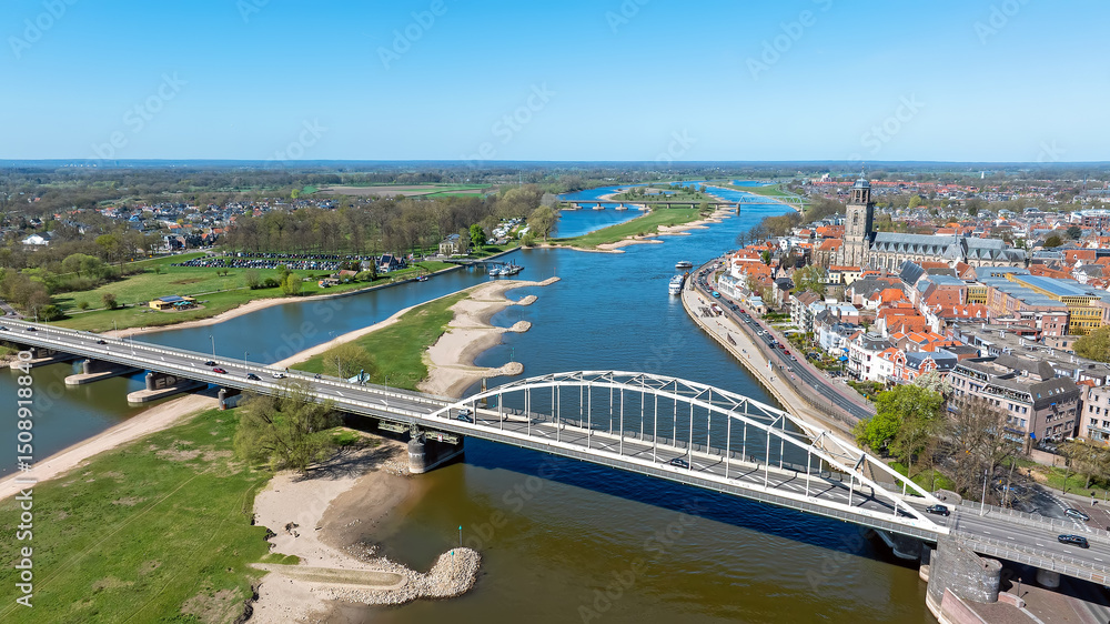 Aerial from the historical town Deventer at the river IJssel in the Netherlands