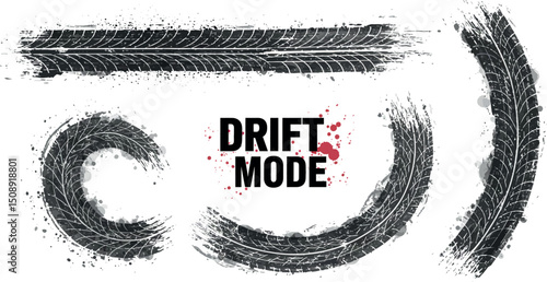 Drift mode theme with tire marks and grunge elements for automotive design. Vector illustration