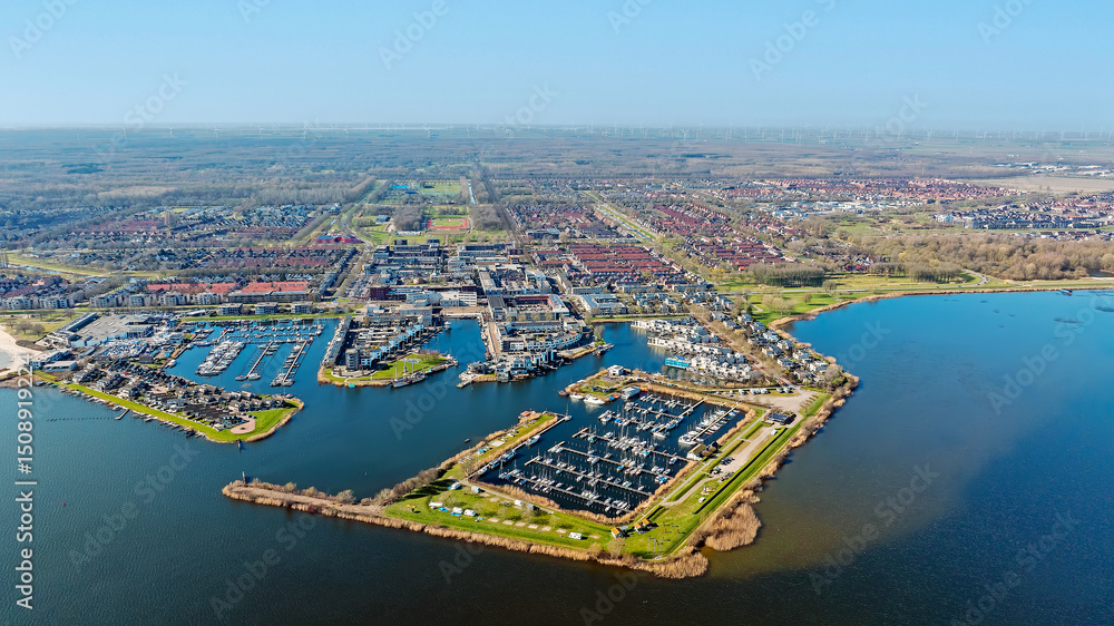 Aerial from the harbor and town Zeewolde in the Netherlands
