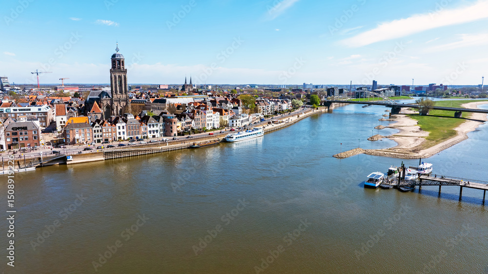 Aerial from the city Deventer at the river IJssel in the Netherlands