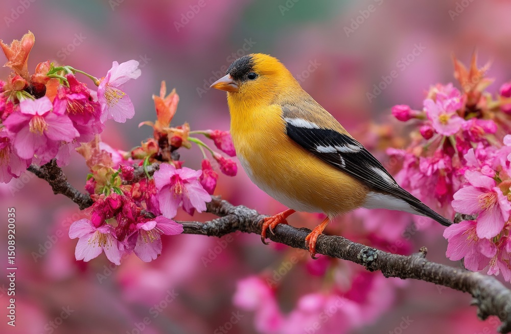 A vibrant yellow bird perched on a blossoming cherry branch surrounded by pink flowers. A vibrant yellow bird perched on a blossoming cherry branch surrounded by pink flowers.