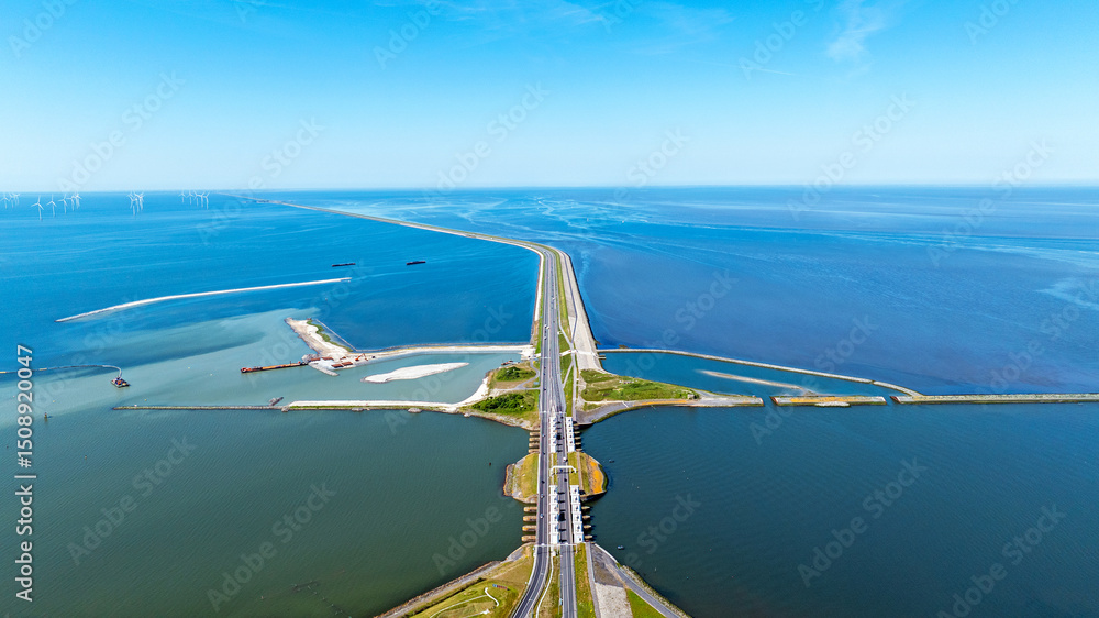 Aerial from the Afsluitdijk with the Lorentz sluices and little fish migration islands in the Netherlands