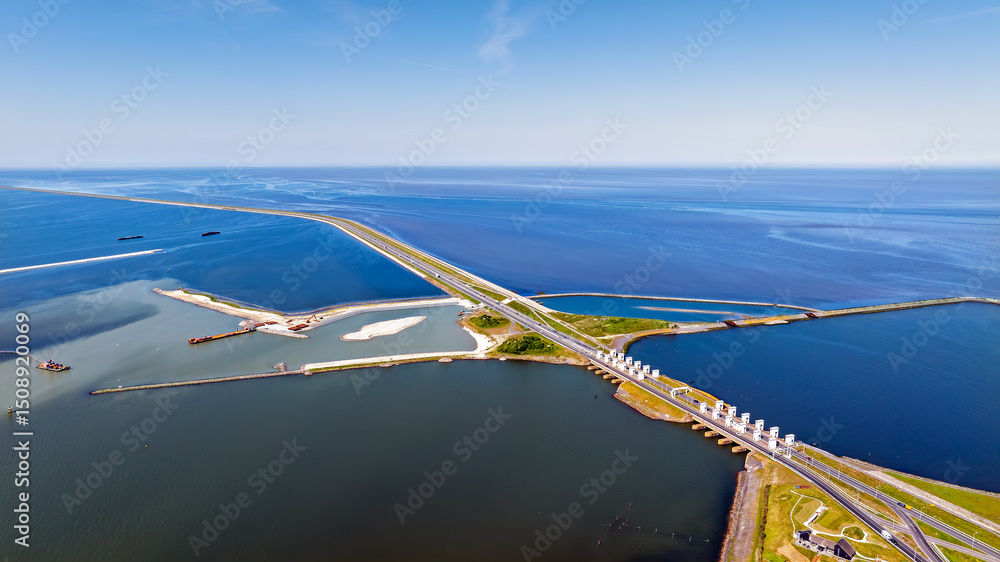 Aerial from the Lorentz sluices on the Afsluitdijk in the Netherlands,