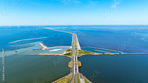 Obraz na płótnie Aerial from the Afsluitdijk with the Lorentz sluices and little fish migration islands in the Netherlands w salonie
