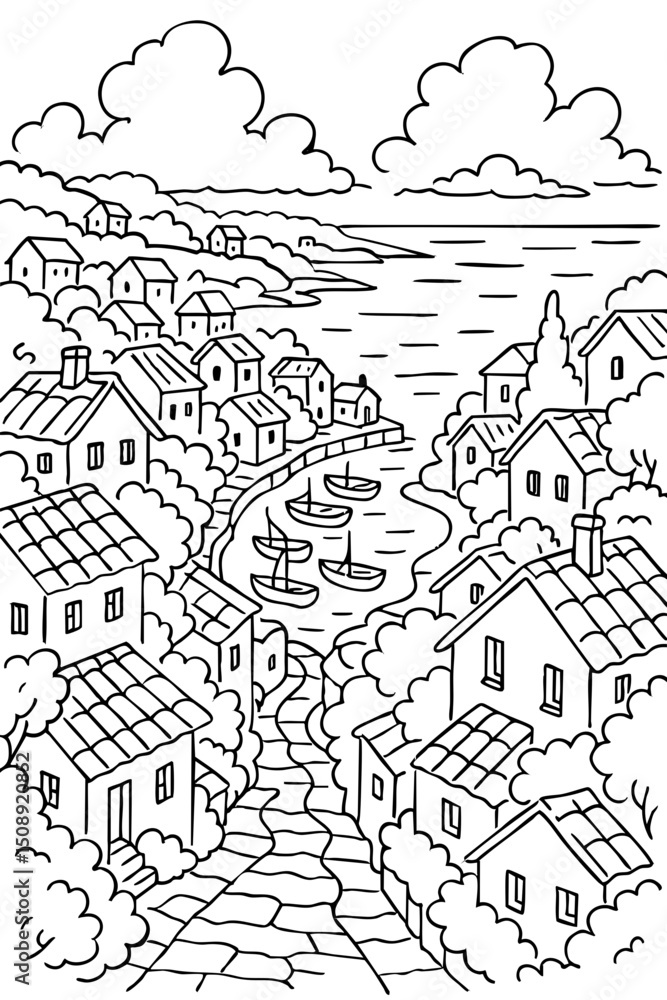 Fototapeta premium Seaside Village Doodle Art