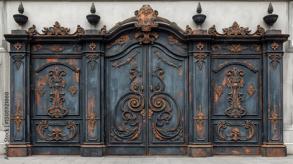 Rich antique texture. Ornate aged iron gate with copper patina details. Perfect for architectural design, fantasy world-building, or historical visual projects. Rich antique texture. Ornate aged iron gate with copper patina details. Perfect for architectural design, fantasy world-building, or historical visual projects.