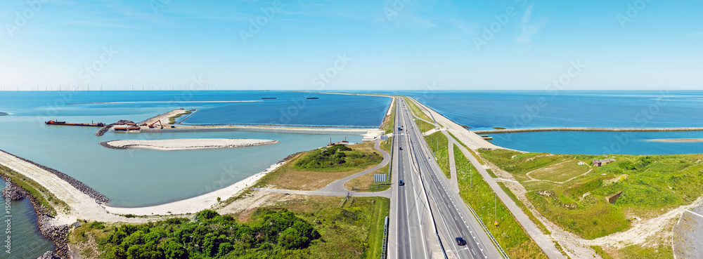 Aerial from the Afsluitdijk with little fish migration islands in the Netherlands