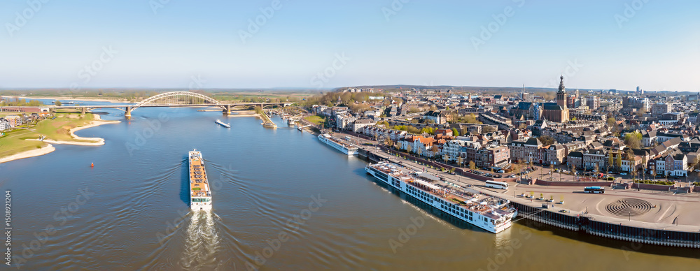 Aerial panorama from the historical city Nijmegen with the Stevens church in the Netherlands
