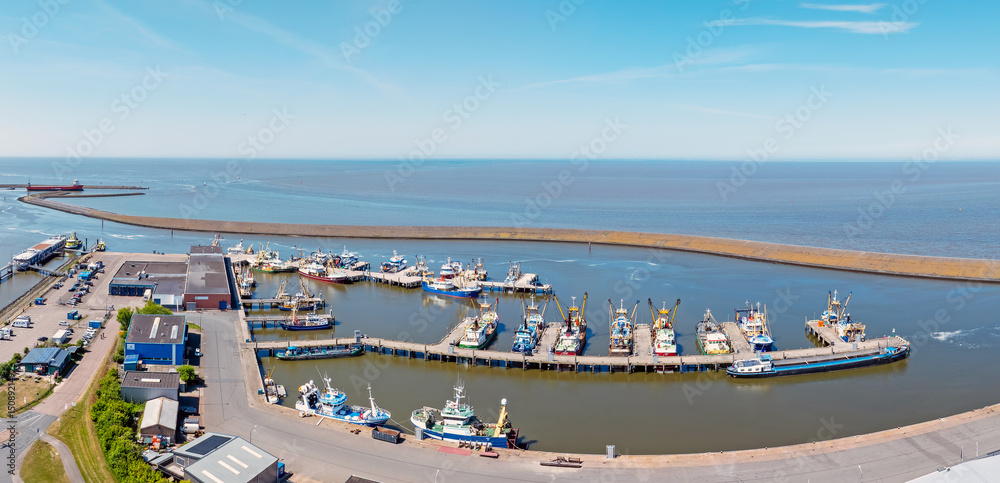 Aerial panorama from the harbor in Harlingen in Friesland the Netherlands