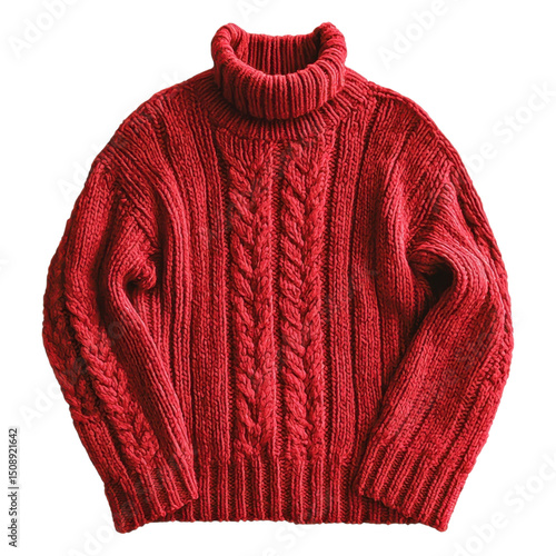 Chunky red cable-knit turtleneck sweater with long sleeves and thick, cozy texture.