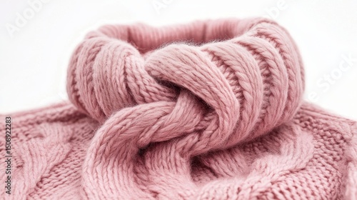 Soft pink knitted sweater with a chunky, twisted turtleneck detail, showcasing cozy and warm textured fabric.